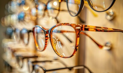 Pair of eyeglasses on display in a shop window. - obrazy, fototapety, plakaty