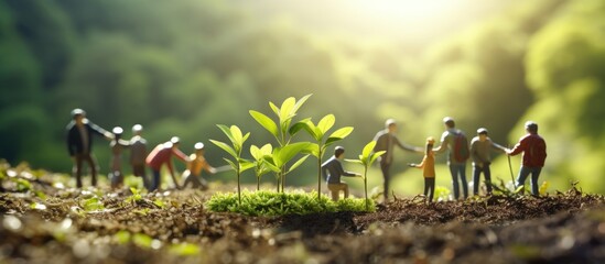 Creative Concept of Miniature Human Figures Planting and Caring for a Small Green Seedling