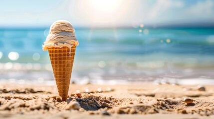 A delicious vanilla ice cream cone stands in the sand against a backdrop of sunny beach and clear blue sky - obrazy, fototapety, plakaty