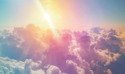 Beautiful aerial view above clouds with sunset.  - obrazy, fototapety, plakaty