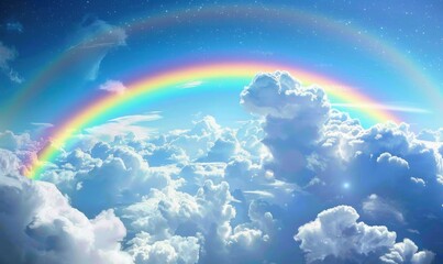 Fototapeta premium Rainbow in the blue sky with clouds and rainbow. 