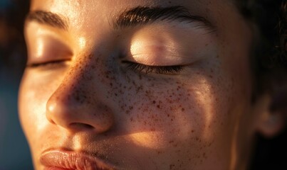 Fototapeta premium Close up portrait of a beautiful young woman with freckles on her face