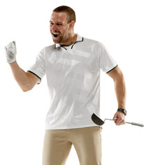 Achievement. Golf player in a white shirt showing emotions of win isolated on transparent background. Professional player practicing. Sport, motion, action concept. - obrazy, fototapety, plakaty