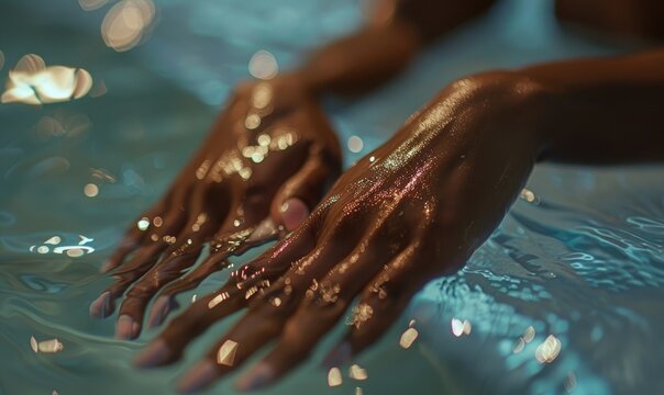 Close up of female hands in swimming pool with water splashes, shallow depth of field
