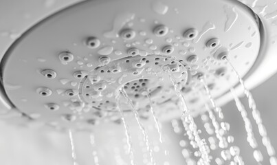 Shower head with water drops in the bathroom. Shower head with running water.
