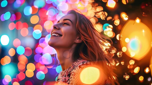 A festive and colorful image capturing the back of a woman's head with a blurred face, surrounded by vibrant bokeh effect of festive lights