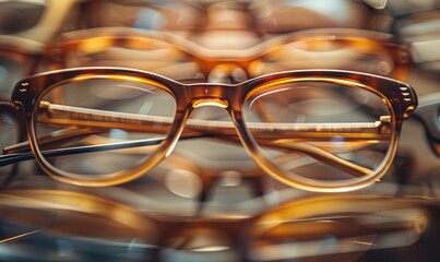 Glasses on display in a shop window, close-up shot - obrazy, fototapety, plakaty