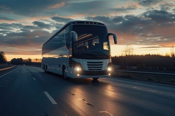 large comfortable passenger bus riding on the highway at night time with copy space.
