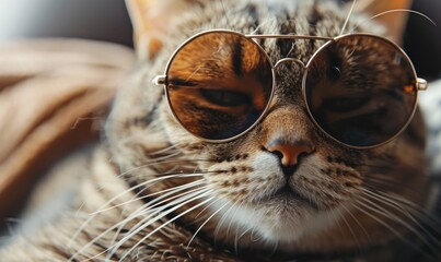 Cute cat wearing sunglasses, closeup. Fashionable animal concept