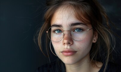 Obraz premium Close up portrait of beautiful young woman with long hair and glasses.