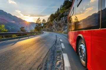 close up of large comfortable passenger bus riding on the highway at sunset with copy space - obrazy, fototapety, plakaty