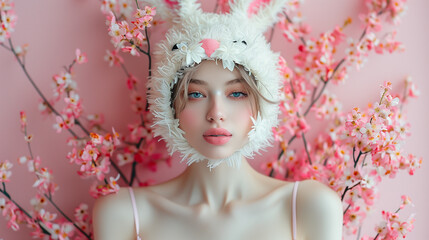 Young model in a white coloured easter costume with grasses in the background, Generative AI - 753009575
