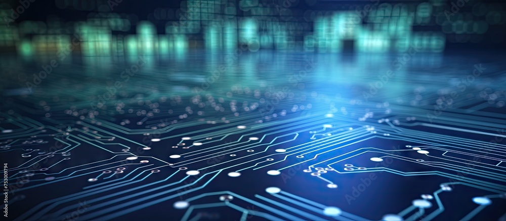 Poster glowing blue circuit board illuminated with radiant light in advanced technology concept