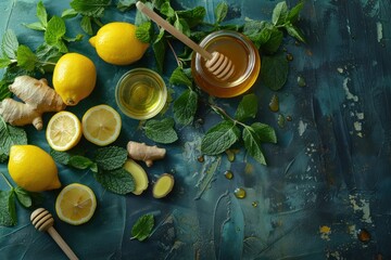 Composition with lemons, mint, ginger, honey in glass jar and honey wooden dippers top view. Food for immunity stimulation and against seasonal flu. Healthy natural remedies to boost immune system. - obrazy, fototapety, plakaty