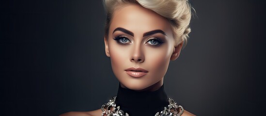 Elegant Blonde Woman Wearing a Black Choker and Stylish Necklace