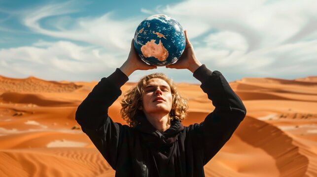 An inspiring shot of a person holding a small globe in a vast desert setting with blue sky