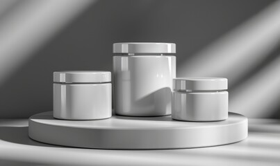 Mockup rendering of three white round cosmetic jars on white podium.