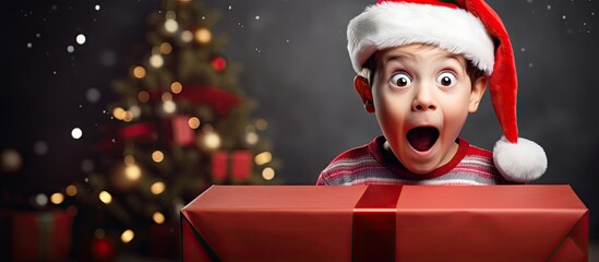 Excited Child in Santa Hat Unwrapping Surprise Red Gift Box in Festive Christmas Celebration