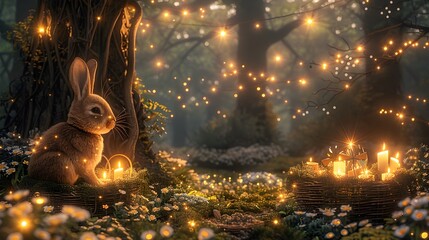 Easter Bunny in the Woods with Candles, To provide a beautiful and enchanting image for Easter or springtime celebrations, or for anyone seeking a