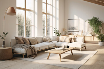 A cozy Scandinavian living room bathed in natural light, featuring minimalist furniture and neutral tones.