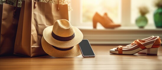 Stylish Fedora Hat and Modern Smartphone Placed on a Wooden Table - obrazy, fototapety, plakaty