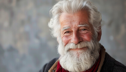 A portrait of a smiling elderly man with a full white beard - conveying the wisdom - joy - and contentment of a life well-lived - wide format - obrazy, fototapety, plakaty