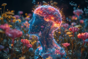 Artificial intelligence concept. Poster, wallpaper, Banner. Human body and brain glowing, 3d rendering. Human mental health, Mental balance, psychedelic trip effect, illusion of mind