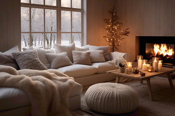 Fototapeta na wymiar A cozy Scandinavian retreat with a focus on hygge, featuring soft throws, candles, and comfortable seating.