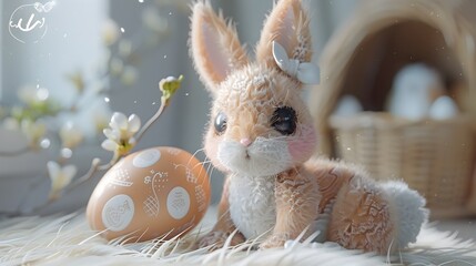 Cute Stuffed Animal Bunny and Easter Egg, To add a touch of cuteness and festivity to Easter-themed advertisements, social media posts, and home decor