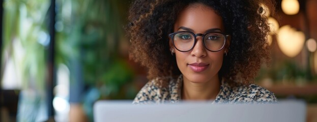 portrait of a beautiful diverse female wearing glasses using laptop computer looking at camera - Powered by Adobe