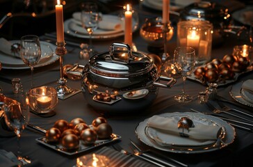Naklejka premium Luxurious and detailed table setting prepared for an exclusive festive dining event in dim light