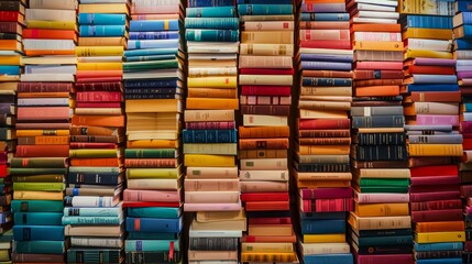 A vibrant collection of stacked books filling the entire frame, showcasing an array of colors and sizes - obrazy, fototapety, plakaty