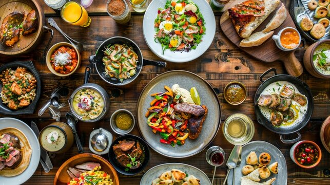 An array of gourmet dishes beautifully presented on a rustic wooden table, showcasing culinary art and diversity