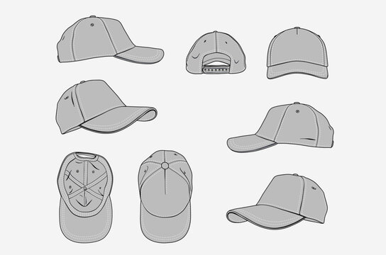 2d illustration of cap. Outline vector image set. Front, back, top, bottom, side and perspective view.