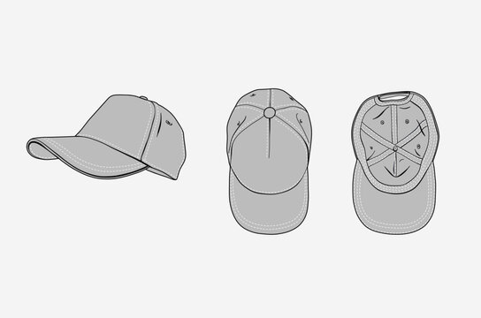 2d illustration of cap. Outline vector image set. Top, bottom and perspective view