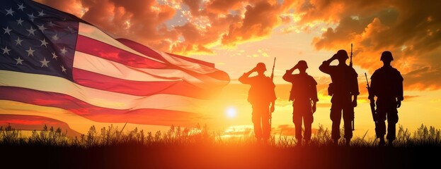 silhouettes of soldiers saluting on background of sunset or sunrise and usa flag greeting card for 