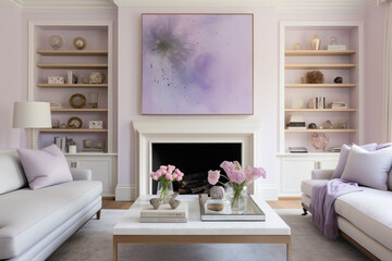A cozy yet modern living space showcasing an empty white frame against a wall painted in a serene and light lavender shade.