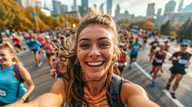 A vibrant young woman takes a selfie in the midst of a lively city marathon, her excitement palpable