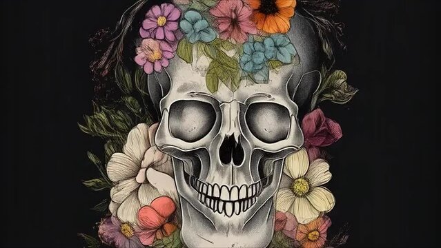 Animation of a guy with a skull head. Skull with flowers growing out of it