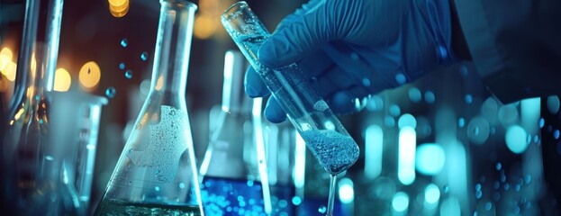 chemist scientist hand dropping chemical liquid into test tube science research and development 
