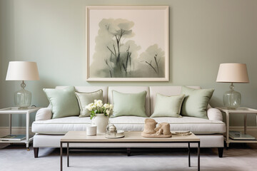 Fototapeta na wymiar A cozy yet sophisticated living space showcasing an empty white frame against a wall painted in a serene and light sage green shade.