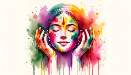 Watercolor style illustration for the holi with a woman face with a serene and joyful expression.