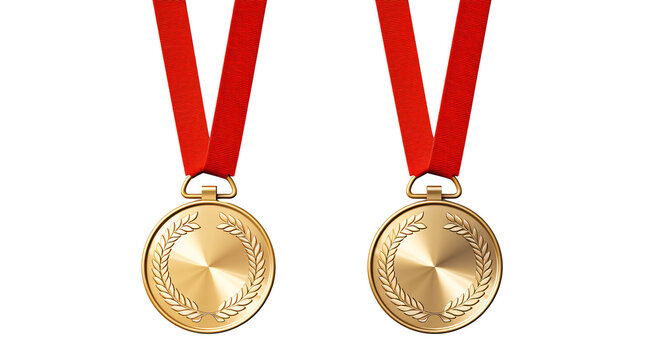 a pair of gold medals with red ribbons