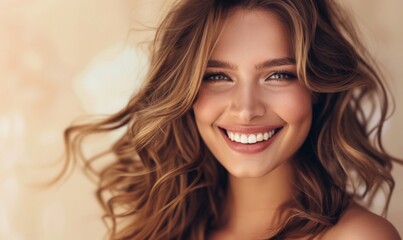 Woman with wavy curls, her smiling face exuding warmth and positivity