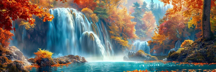 Fotobehang beautiful waterfall in autumn forest, banner landscape background © Planetz
