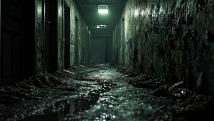 A dark corridor in an abandoned building. Cluttered corridor in ruins. Abandoned building. Horror. Dark room - obrazy, fototapety, plakaty