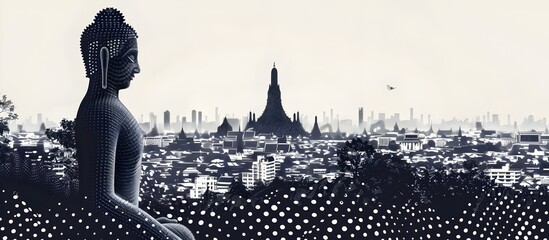 Black and White Buddha Silhouette against City Skyline, To convey the intersection of spirituality and modern life in an artistic and visually