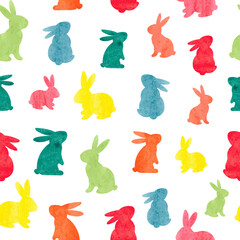Easter pattern with colorful watercolor rabbits. Vector seamless illustration - 753012329
