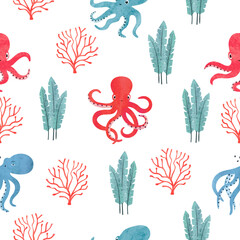 Sea childish pattern with cute octopus, corals and seaweeds. Vector watercolor marine illustration - 753012345