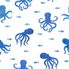 Seamless watercolor octopus pattern. Vector sea background